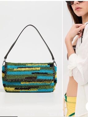 STAUD Timmy leather-trimmed crocheted fabric and raffia shoulder bag